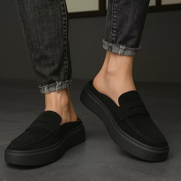 Mule Masculino Couro Camurça Calce Fácil Confort - Preto/Preto