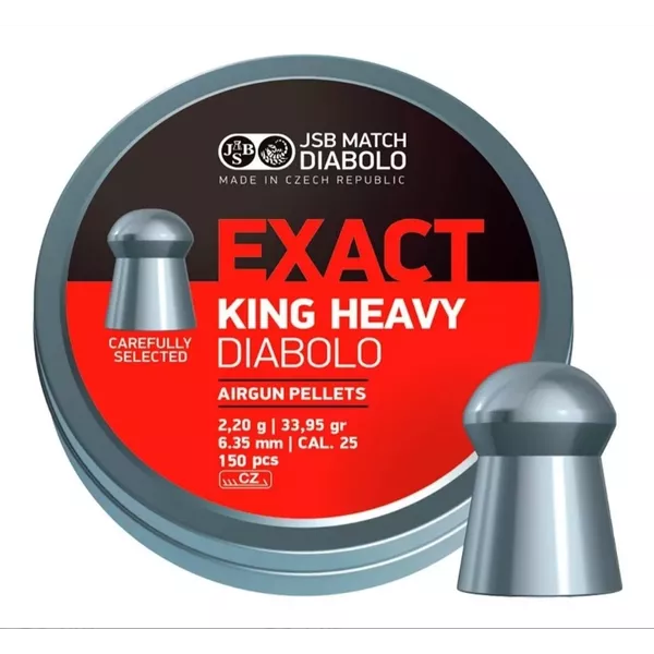 Chumbinhos JSB Exact King Heavy Diabolo 6,35mm Peso médio: 2,20g / 33,95 gr lata com 150 pçs