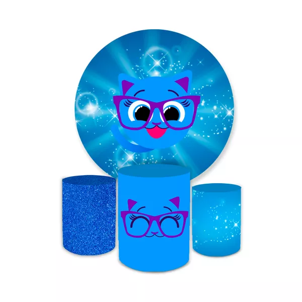 Kit Painel + Capas Cilindro Bolofofo Personagem Sophie Gatinha Azul Decoração Festa Infantil Kids