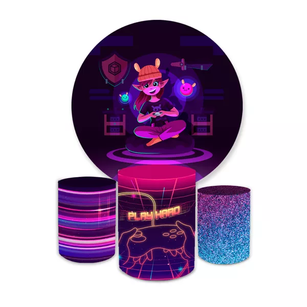 Kit Painel + Capas Cilindros Tema Gamer Decoração Festa Menino Infantil Teen
