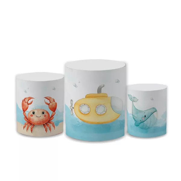 Trio Capas de Cilindros Sublimados Decorativo Tema Fundo do Mar Decoração Festa Infantil