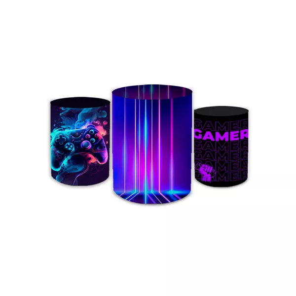 Trio Capas de Cilindros Sublimados Decorativo Tema Game Decoração Festa Menino
