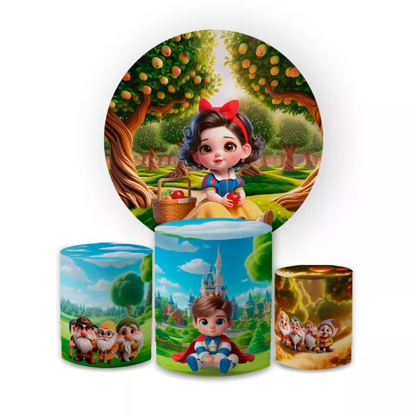 Kit Capa Painel Redondo + Capa Trio Cilindros Sublimados Malha New Decorativo Tema Branca de Neve Cute Infantil Decoração