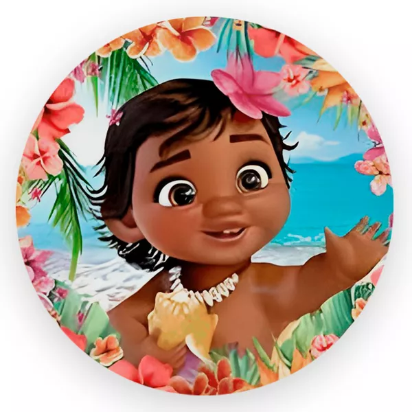 Capa Painel Redondo 1,5x1,5 de Festa Veste Fácil Sublimados Malha New Tema Moana Baby Cute Festa Menina Decoração