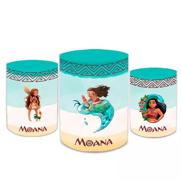 Trio Capas de Cilindros Sublimados Decorativo Tema Moana Decoração Festa Infantil Menina