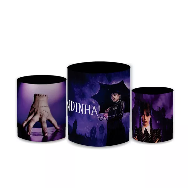 Trio Capas de Cilindros Sublimados Decorativo Tema Wandinha Addams Decoração Festa Infantil