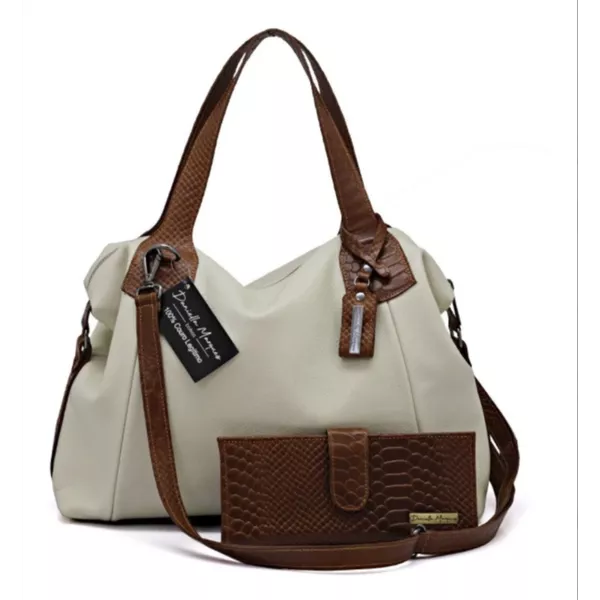 Kit bolsa grande off white com alça caramelo e carteira croco caramelo couro legítimo ref:DM-1B