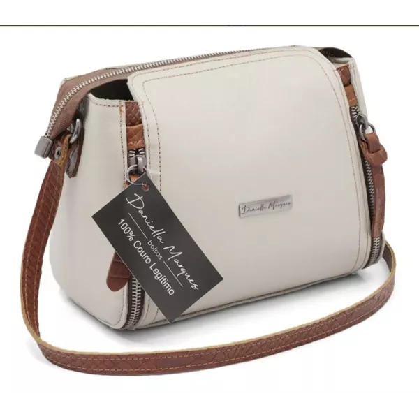 Bolsa pequena couro legítimo Off White com alça caramelo ref:DM-07