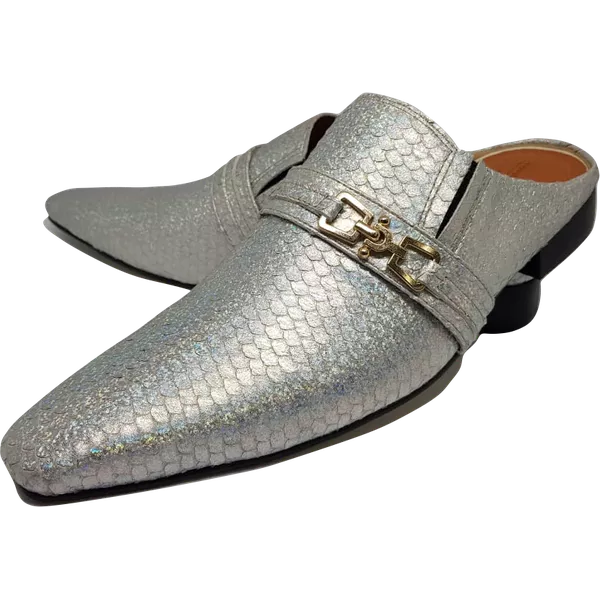 Babuche Masculino Italiano em Couro Social Executivo Barles Bico Fino Ref: 1010 Prata Prata