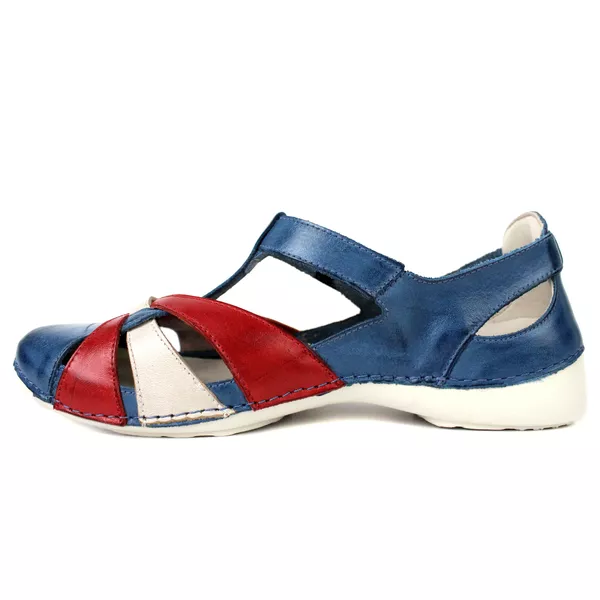 Sapatilha Feminina em Couro Legítimo e Palmilha Gel - Azul/Vermelho/Off - Sola Off (AL042)