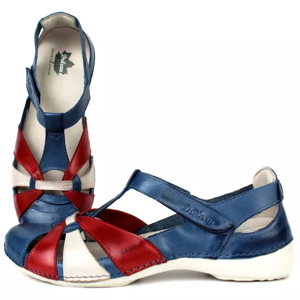 Sapatilha Feminina em Couro Legítimo e Palmilha Gel - Azul/Vermelho/Off - Sola Off (AL042)