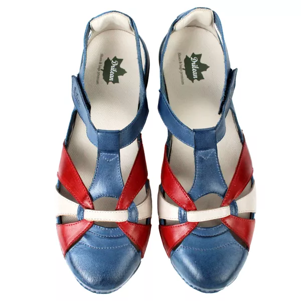 Sapatilha Feminina em Couro Legítimo e Palmilha Gel - Azul/Vermelho/Off - Sola Off (AL042)