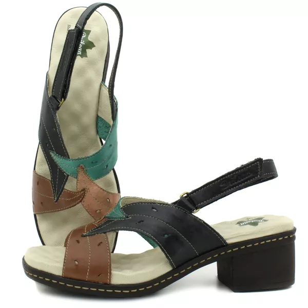 Sandalia de Salto Bloco Confortável de Couro Legítimo Preto/Oceano/Salmão com Palmilha Gel - 39 (BR016) OUTLET