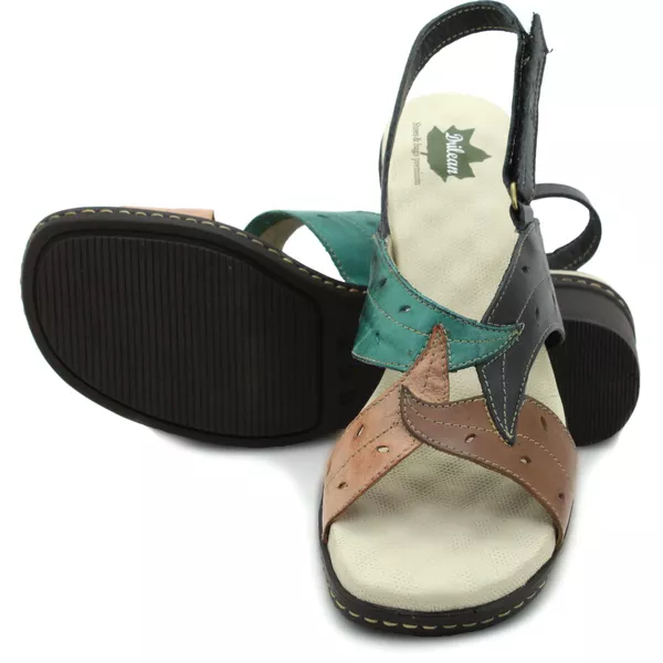 Sandalia de Salto Bloco Confortável de Couro Legítimo Preto/Oceano/Salmão com Palmilha Gel - 39 (BR016) OUTLET