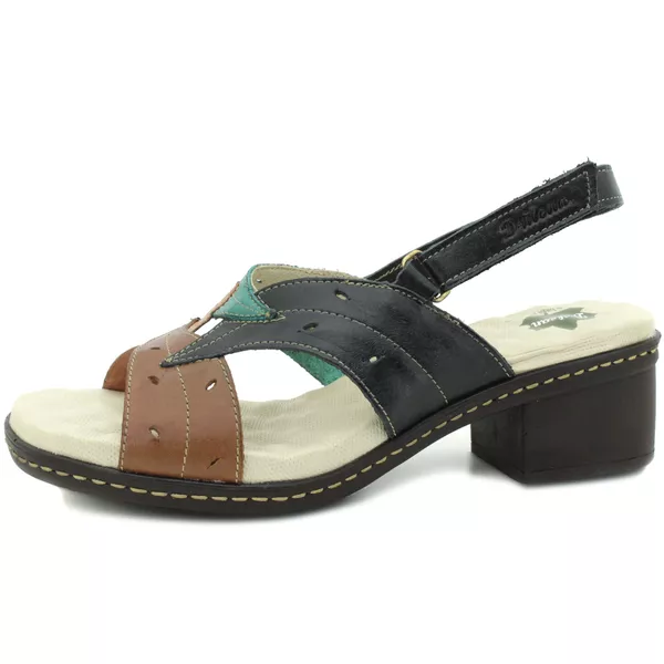 Sandalia de Salto Bloco Confortável de Couro Legítimo Preto/Oceano/Salmão com Palmilha Gel - 39 (BR016) OUTLET
