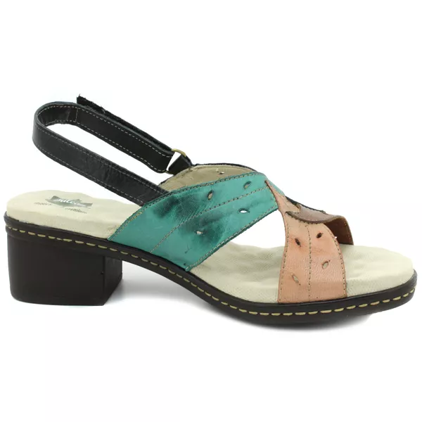 Sandalia de Salto Bloco Confortável de Couro Legítimo Preto/Oceano/Salmão com Palmilha Gel - 39 (BR016) OUTLET