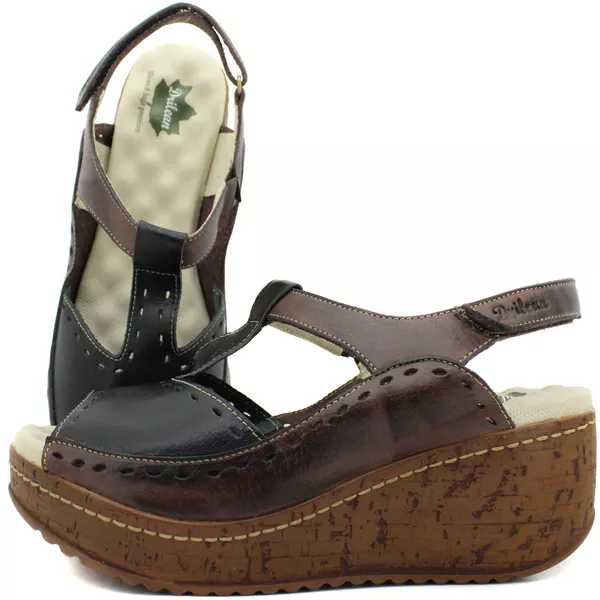Sandália Anabela Feminina de Couro Legítimo - Café - Preto - 37 (NI040) OUTLET