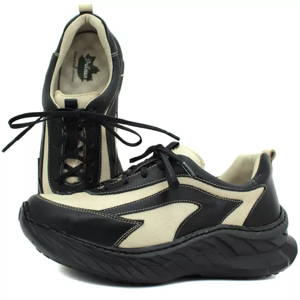 Tênis Feminino em Couro Legítimo com Palmilha em Gel - Bicolor Off - Preto - Sola Preta (CAF003)