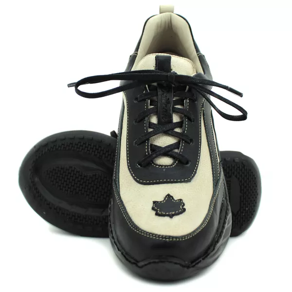 Tênis Feminino em Couro Legítimo com Palmilha em Gel - Bicolor Off - Preto - Sola Preta (CAF003)
