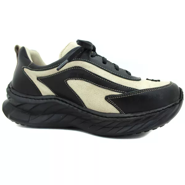 Tênis Feminino em Couro Legítimo com Palmilha em Gel - Bicolor Off - Preto - Sola Preta (CAF003)