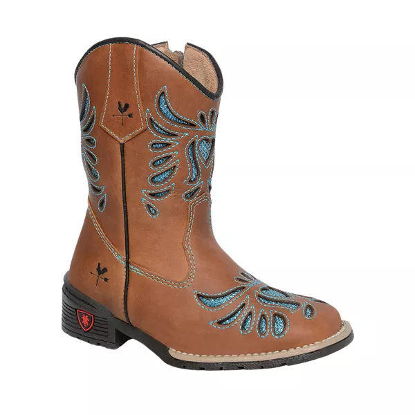 Bota Texana Feminina Juvenil Caramelo Bordado Laser Azul Celeste - R$ 403,59 OS: Produtos não disponíveis em estoque 15 dias para embarque!