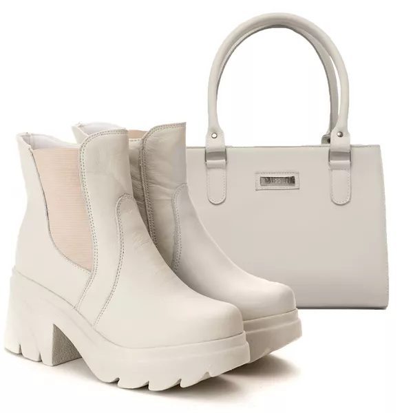 Kit Bota Botinha Coturno E Bolsa Lorena Couro Legítimo Off-White