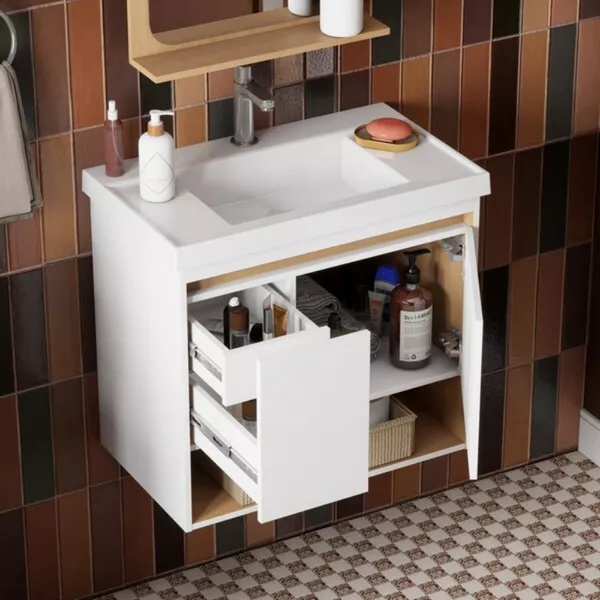 Kit Gabinete Banheiro MDF Verbena 60 Jequitibá / Branco +