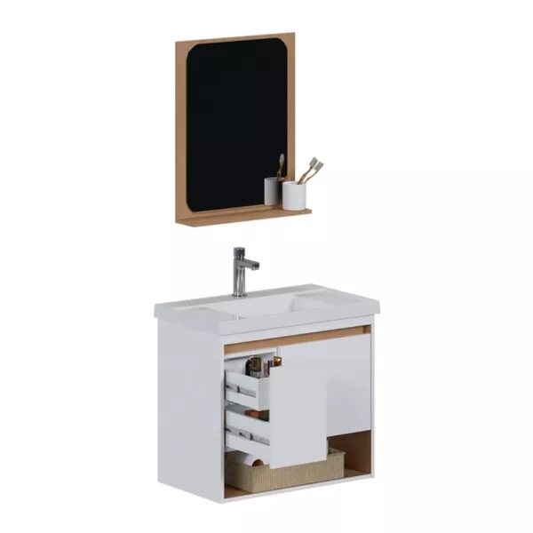 Kit Gabinete Banheiro MDF Verbena 60 Jequitibá / Branco +