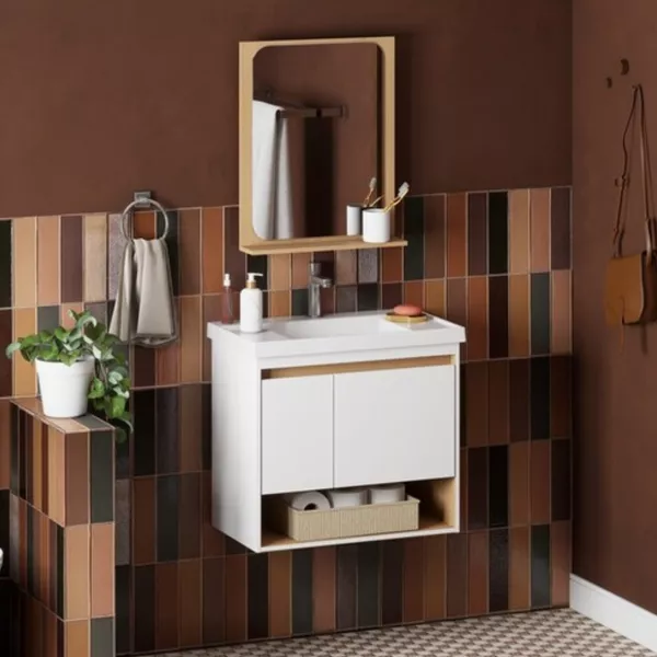Kit Gabinete Banheiro MDF Verbena 60 Jequitibá / Branco +