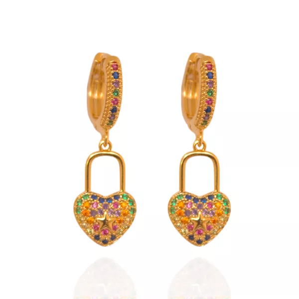 Brinco Argola Coração Cadeado Colorido Banho de Ouro 18K