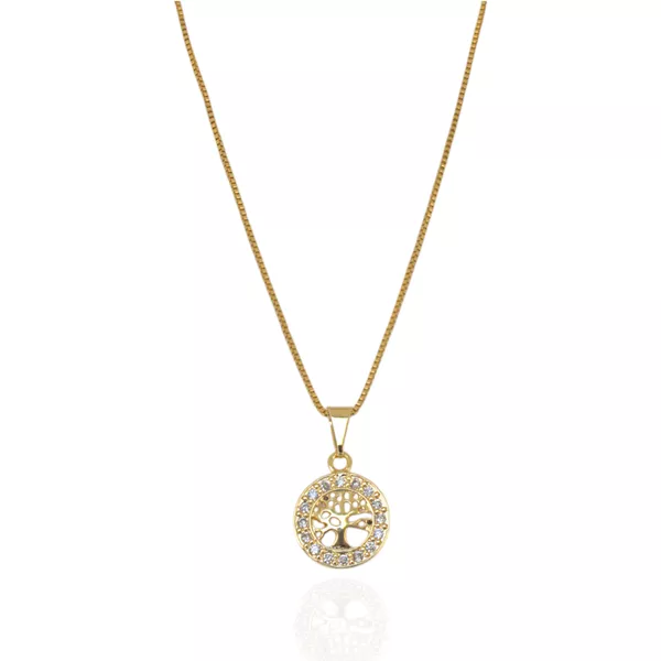 Colar Círculo Árvore da Vida Com Zirconias e Corrente Veneziana Banho de Ouro 18K