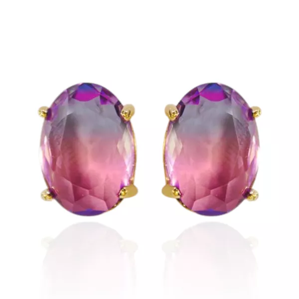 Brinco Oval Rainbow Cristal Lilás Duo Banho de Ouro 18K