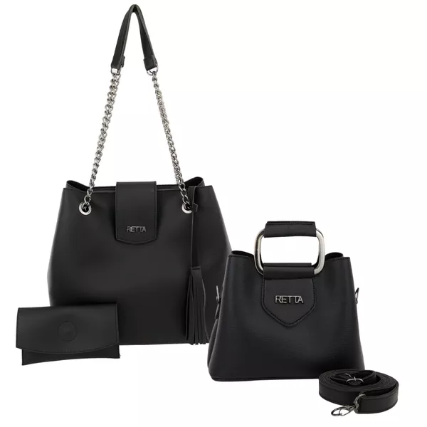 Kit Bolsa Saco Corrente Grande Preta + Bolsa Pequena Tiracolo Chloe Preta