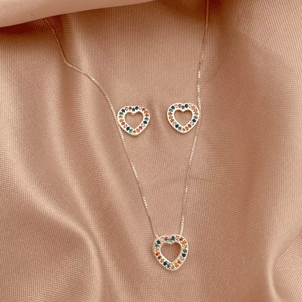 Conjunto Coração Zircônia Colorida Prata 925 