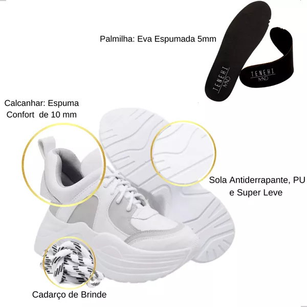 Tênis Urbano Caixa Alta Chunky Cadarço Adicional Branco - Cinza