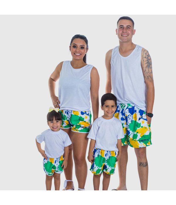 Kit Família Copa do Mundo Shorts Tactel Casal e Body Bebê Brasil