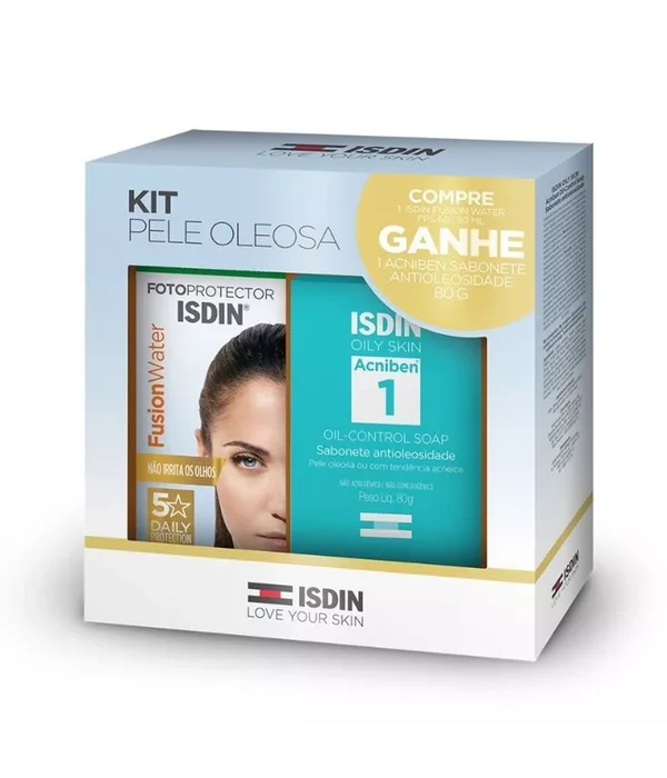 Isdin Kit Protetor Solar Facial Fusion Water Oil Control FPS 60 50ml e Sabonete Em barra Acniben 1 80g