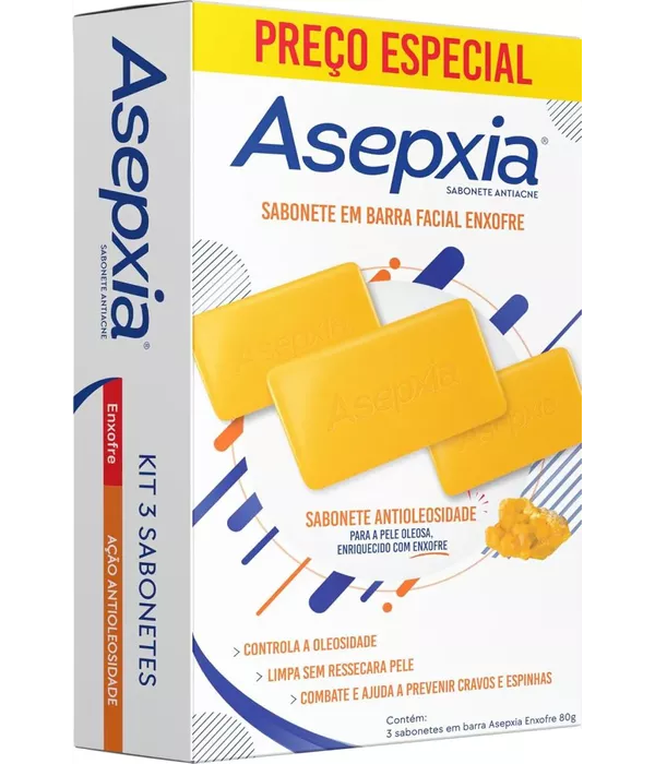 Asepxia Sabonete em Barra Facial Enxofre c/ 3 Unidades 