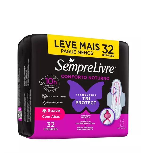 Sempre Livre Absorvente Conforto Noturno Cobertura Suave Com Abas 32 unidades