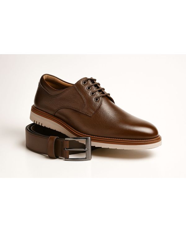 Sapato Casual Bergamo Couro Legítimo Café + Brinde Exclusivo: Cinto