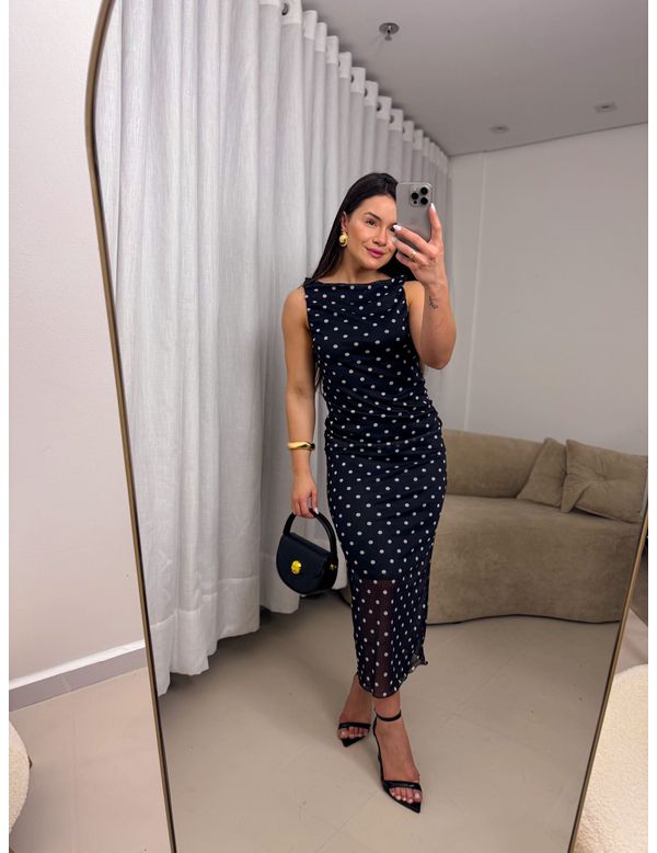 Vestido Poá Laura Fundo Preto - Marya Conceito