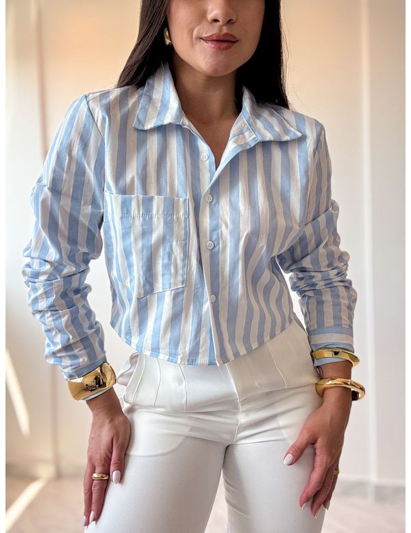 Camisa Cropped Ester Azul Listras - Marya Conceito