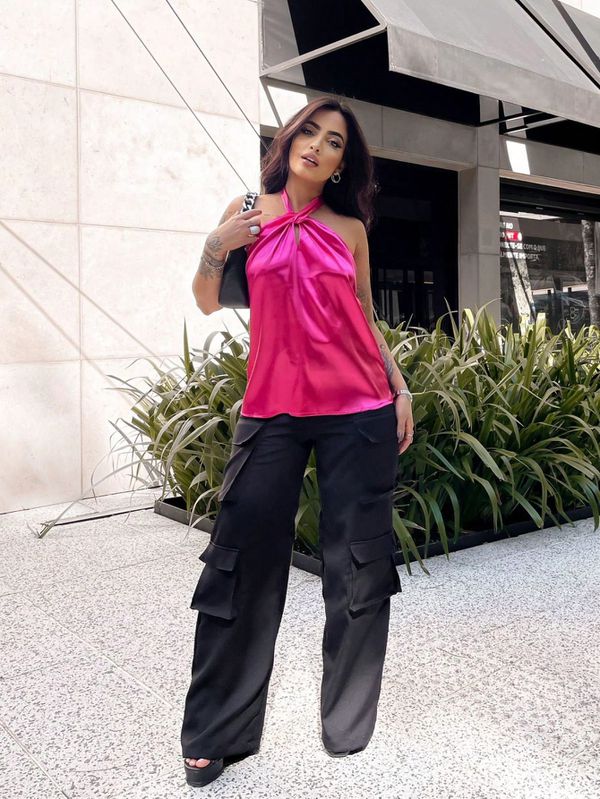 Blusa Feminina De Cetim de amarração no Pescoço- P... - ADD MALL