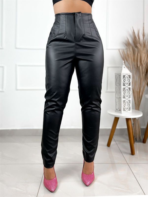 Calça de Couro, Lisa, Reta, Cintura Alta, Terninho... - ADD MALL
