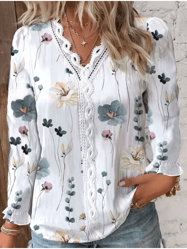 Camisa com decote em v manga comprida estampado fl... - ADD MALL