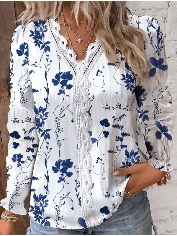 Camisa com decote em v manga comprida estampado fl... - ADD MALL