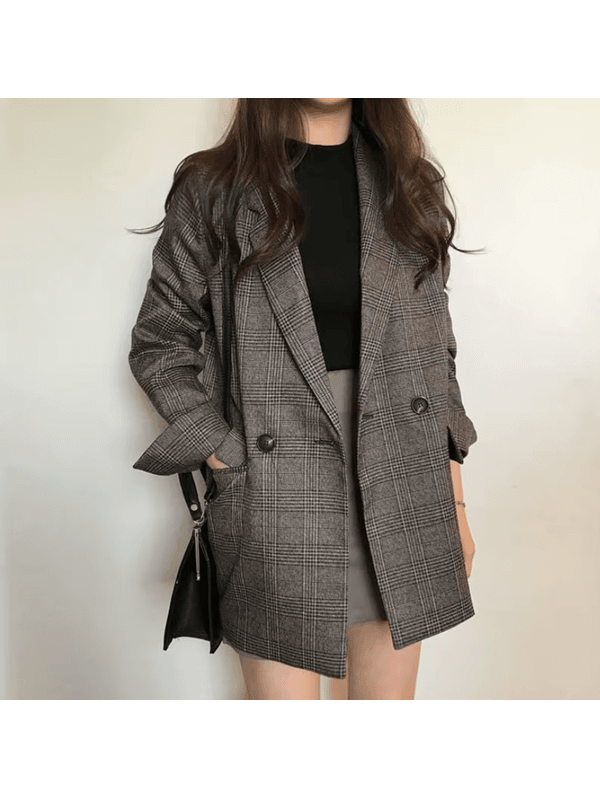 Blazer xadrez de trespassado duplo feminino, sobre... - ADD MALL