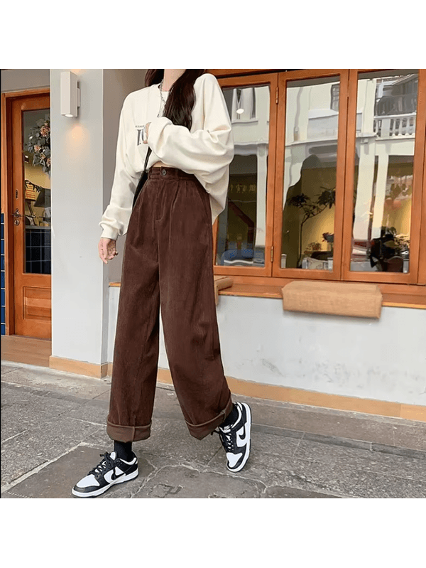  calça de veludo reto, Café cintura alta feminina ... - ADD MALL