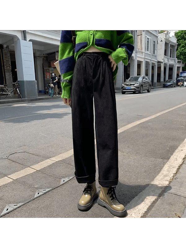  calça de veludo reto, Preto cintura alta feminina 