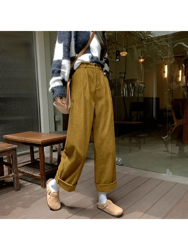  calça de veludo reto, Cáqui cintura alta feminina... - ADD MALL